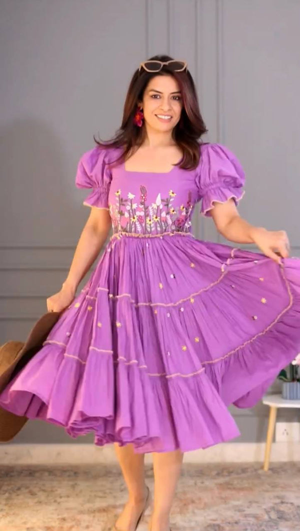 Casual Wear Lavender Color 12Kg Rayon Embroidery Work Beautiful Gown