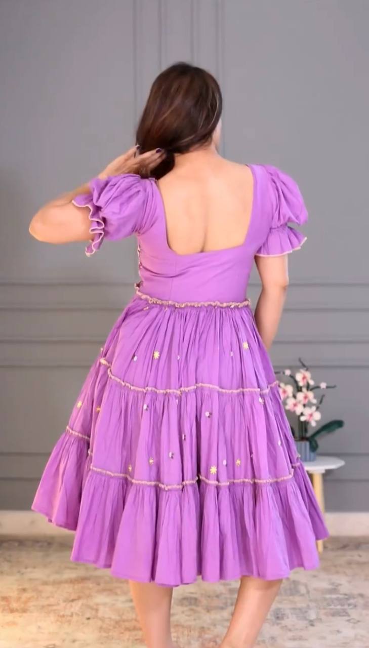 Casual Wear Lavender Color 12Kg Rayon Embroidery Work Beautiful Gown