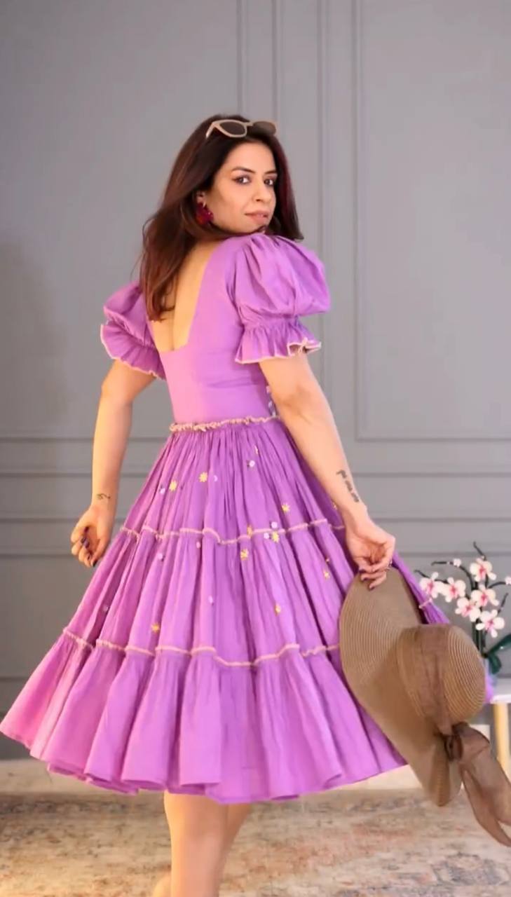 Casual Wear Lavender Color 12Kg Rayon Embroidery Work Beautiful Gown