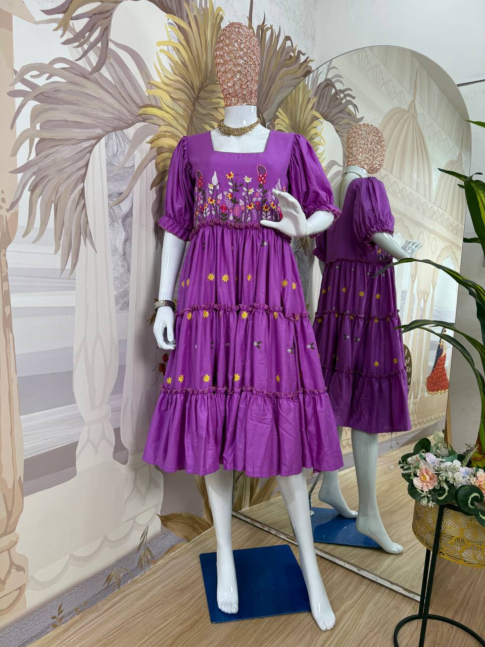 Casual Wear Lavender Color 12Kg Rayon Embroidery Work Beautiful Gown
