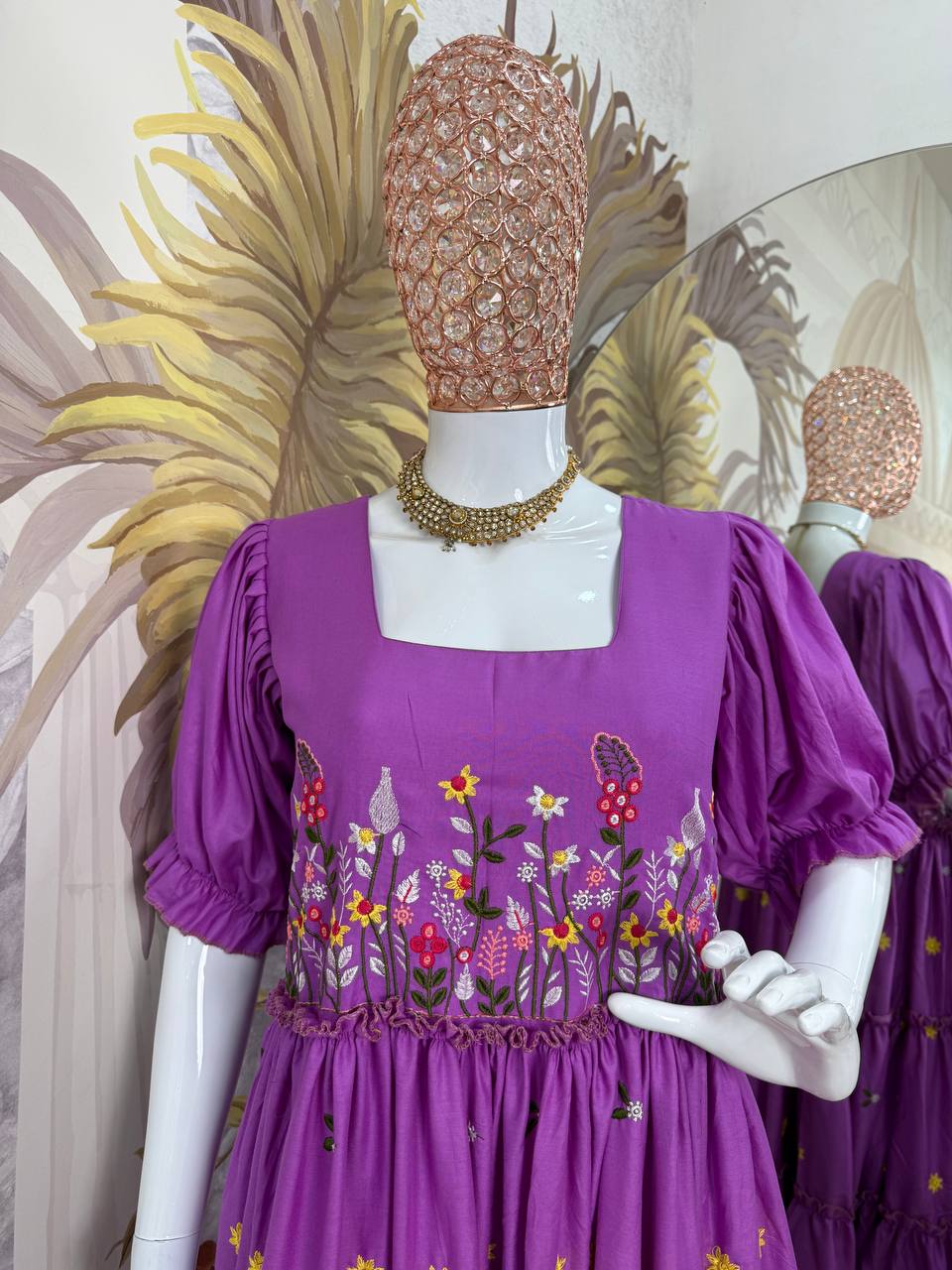 Casual Wear Lavender Color 12Kg Rayon Embroidery Work Beautiful Gown