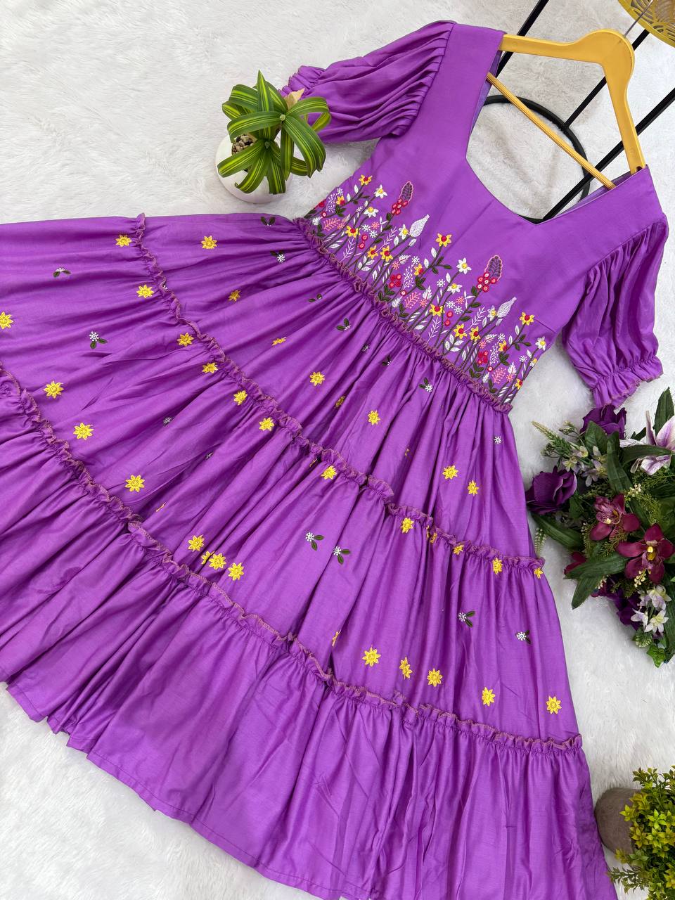 Casual Wear Lavender Color 12Kg Rayon Embroidery Work Beautiful Gown