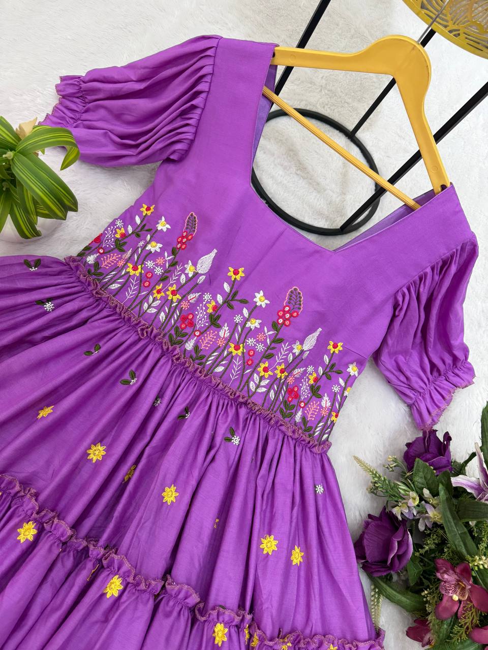 Casual Wear Lavender Color 12Kg Rayon Embroidery Work Beautiful Gown
