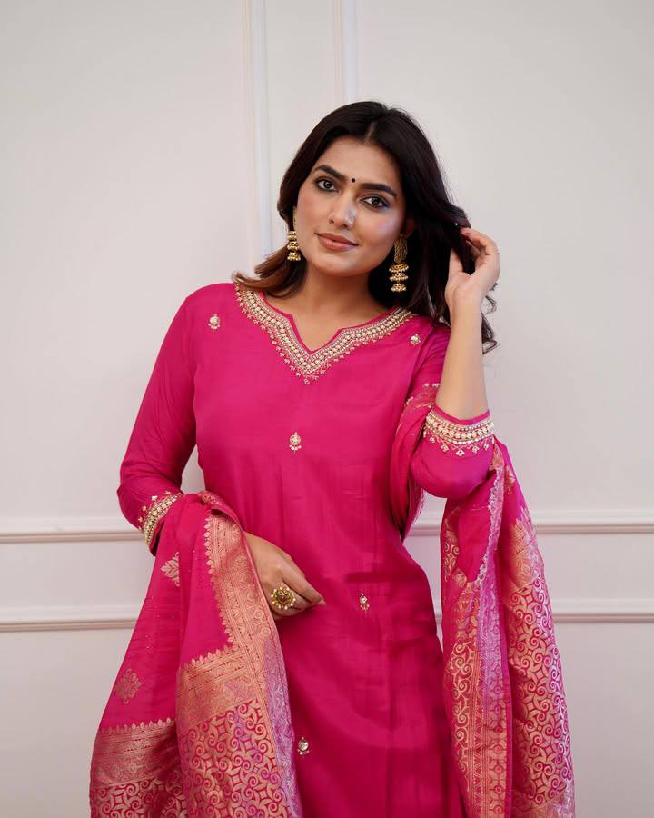 Captivating Gajri Color Viscose Chanderi With Embroidered Work Kurta Set
