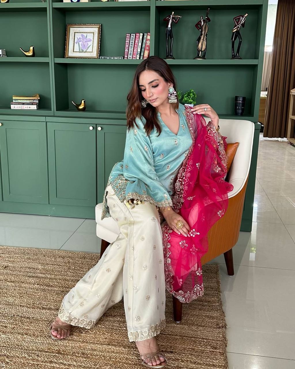 Occasion Wear Sky Blue Color Heavy French Crepe With Embroidery Sequins Work Palazzo Suit