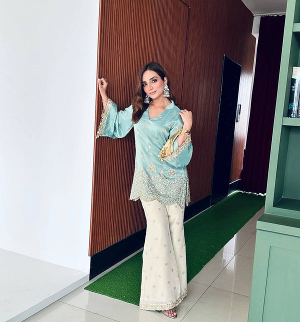Occasion Wear Sky Blue Color Heavy French Crepe With Embroidery Sequins Work Palazzo Suit