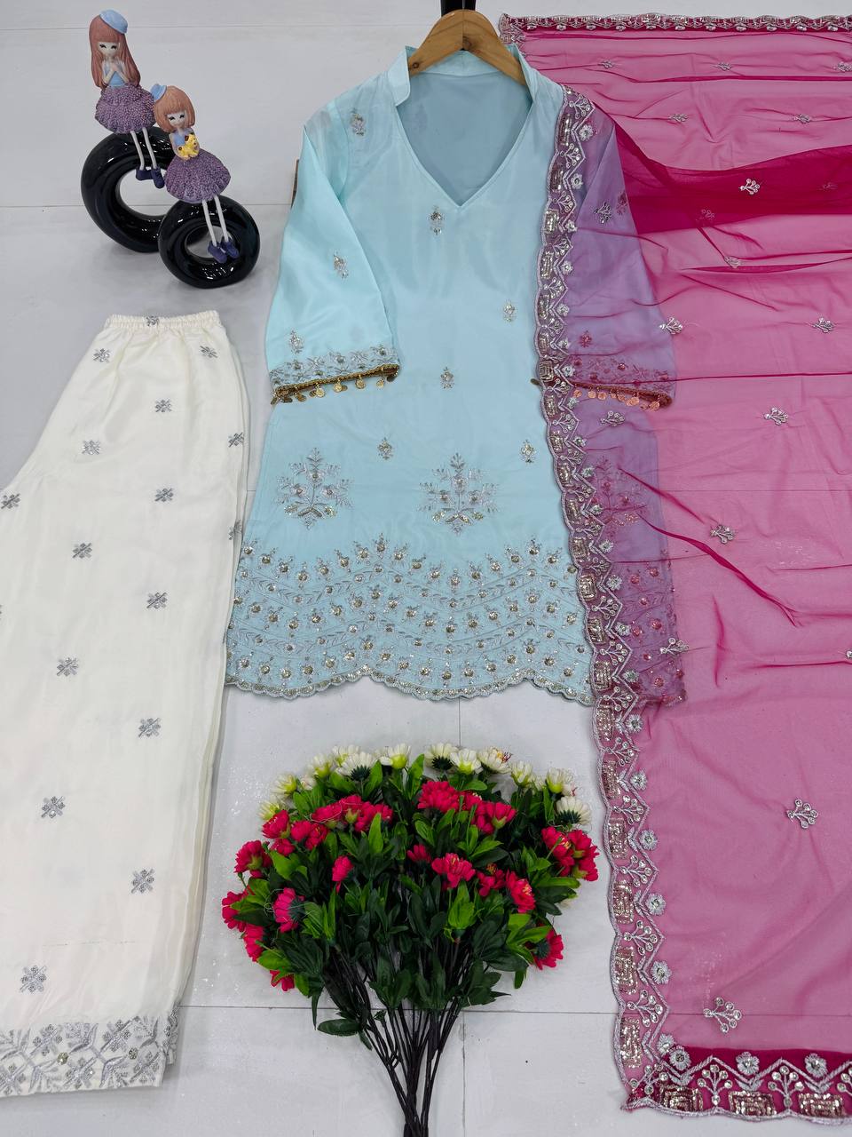 Occasion Wear Sky Blue Color Heavy French Crepe With Embroidery Sequins Work Palazzo Suit