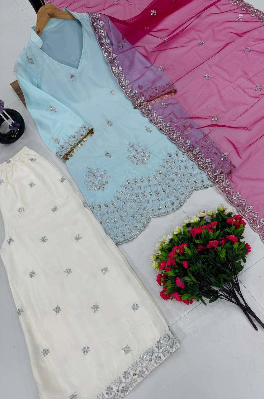 Occasion Wear Sky Blue Color Heavy French Crepe With Embroidery Sequins Work Palazzo Suit