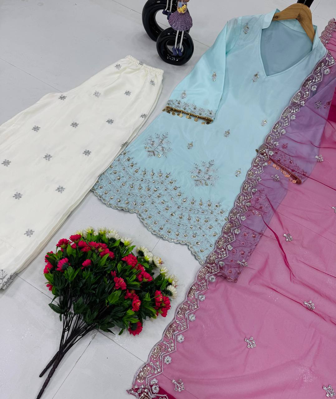 Occasion Wear Sky Blue Color Heavy French Crepe With Embroidery Sequins Work Palazzo Suit
