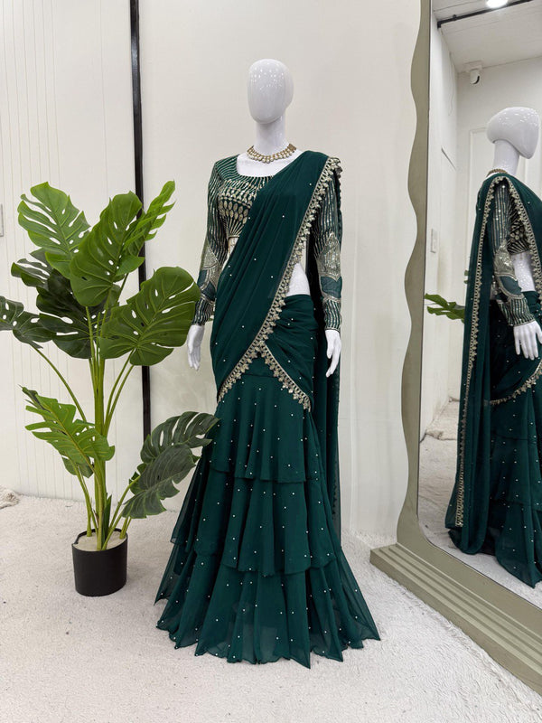 Trendy Green Color Faux Georgette Thread With Sequence Work Ready To Wear Lehenga Saree