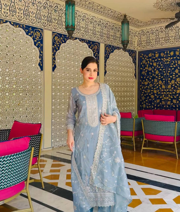 Celebrity Style Sky Blue Color Pure Gold Crush Silk With Heavy Embroidery Sequence Work Salwar Suit