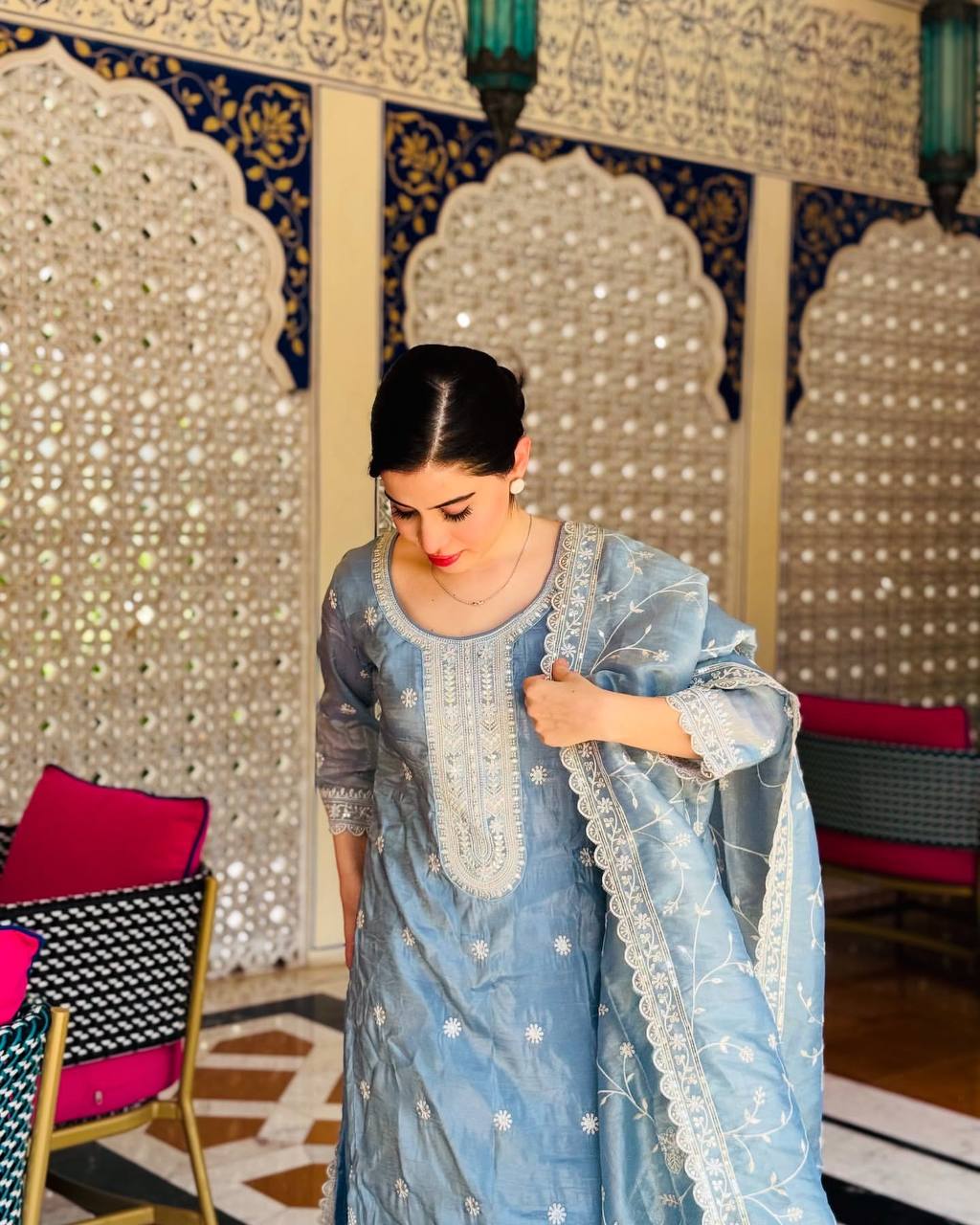 Celebrity Style Sky Blue Color Pure Gold Crush Silk With Heavy Embroidery Sequence Work Salwar Suit