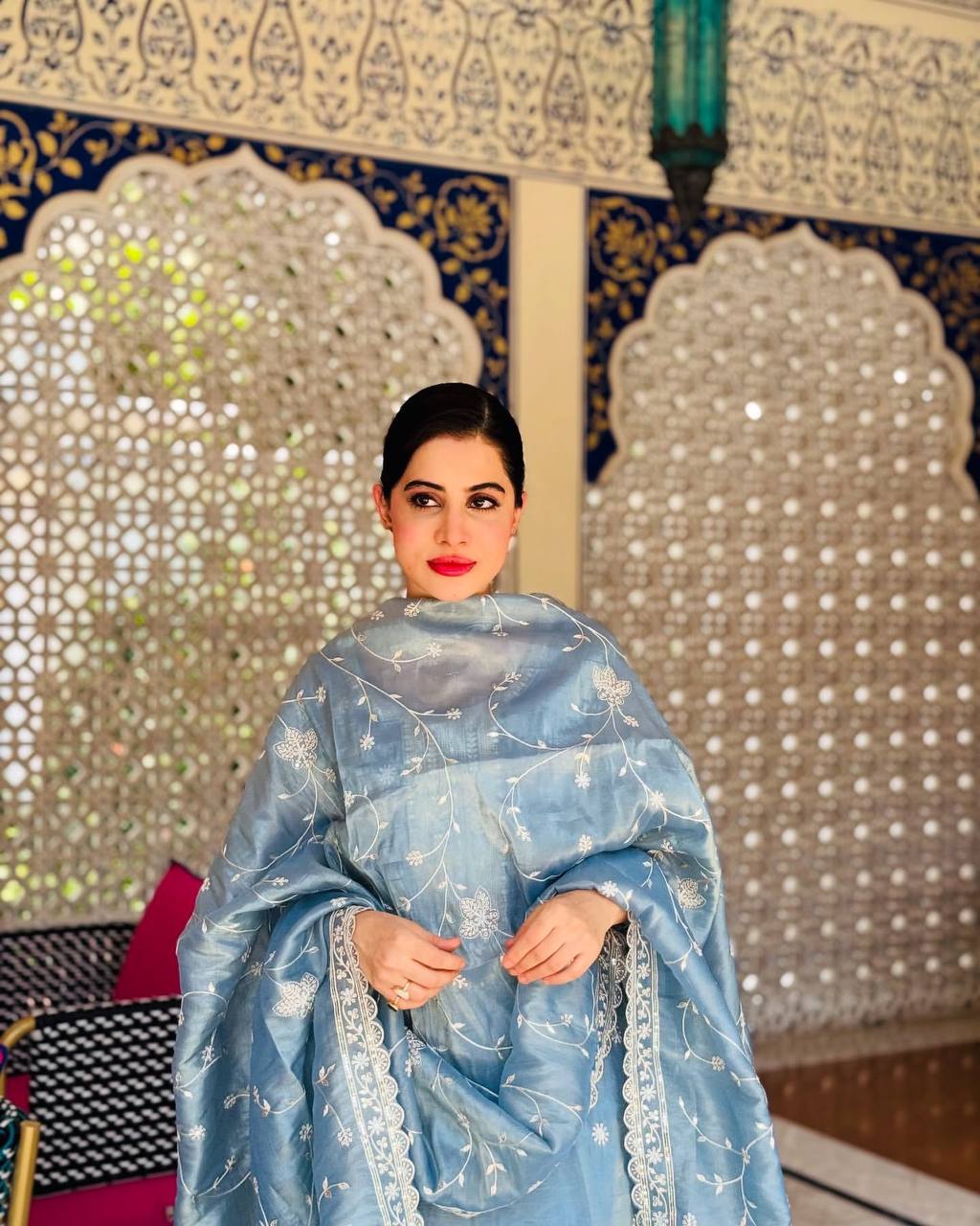 Celebrity Style Sky Blue Color Pure Gold Crush Silk With Heavy Embroidery Sequence Work Salwar Suit