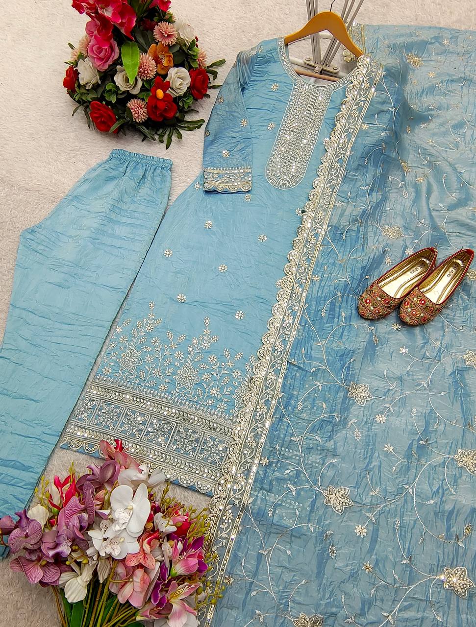 Celebrity Style Sky Blue Color Pure Gold Crush Silk With Heavy Embroidery Sequence Work Salwar Suit