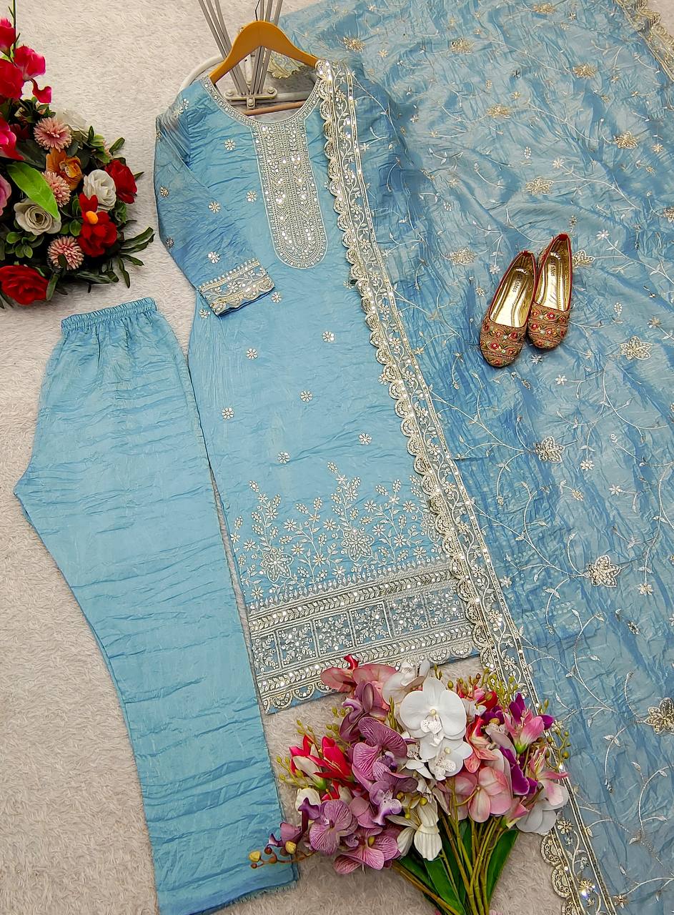 Celebrity Style Sky Blue Color Pure Gold Crush Silk With Heavy Embroidery Sequence Work Salwar Suit