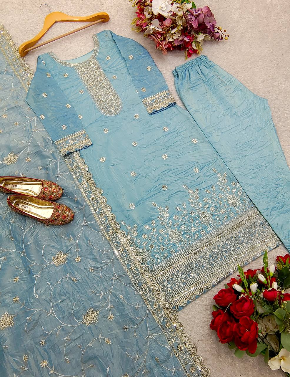 Celebrity Style Sky Blue Color Pure Gold Crush Silk With Heavy Embroidery Sequence Work Salwar Suit