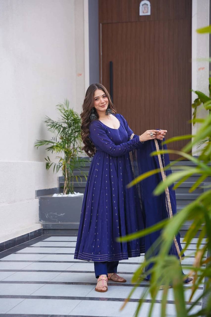 Superhit Navy Blue Color Softy Chex Digital Printed Padded Anarkali Suit