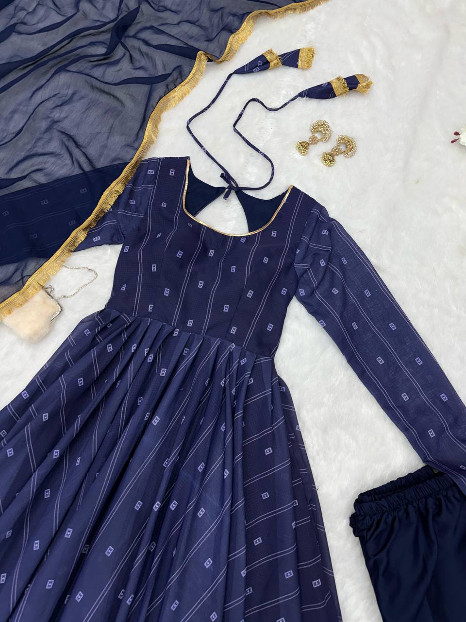 Superhit Navy Blue Color Softy Chex Digital Printed Padded Anarkali Suit