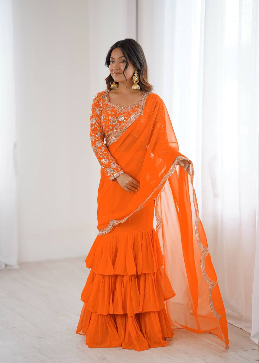 Trendy Orange Color Georgette Ruffle Ready To Wear Saree Set – Vastra Shop