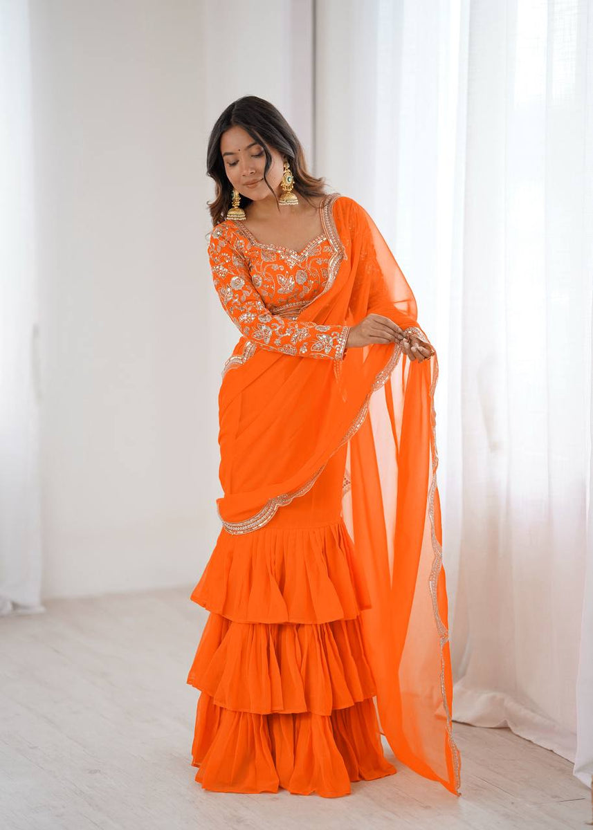 Trendy Orange Color Georgette Ruffle Ready To Wear Saree Set – Vastra Shop