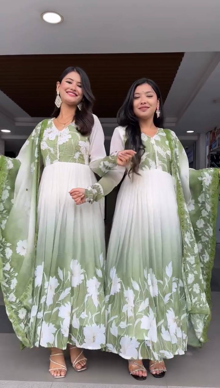 Green Color Digital Printed And Embroidery Work Gown