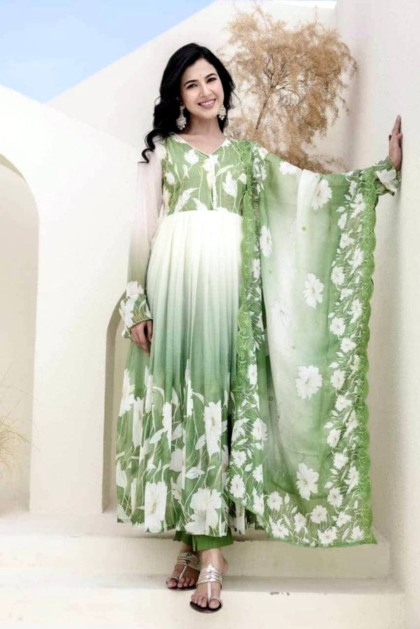 Green Color Digital Printed And Embroidery Work Gown