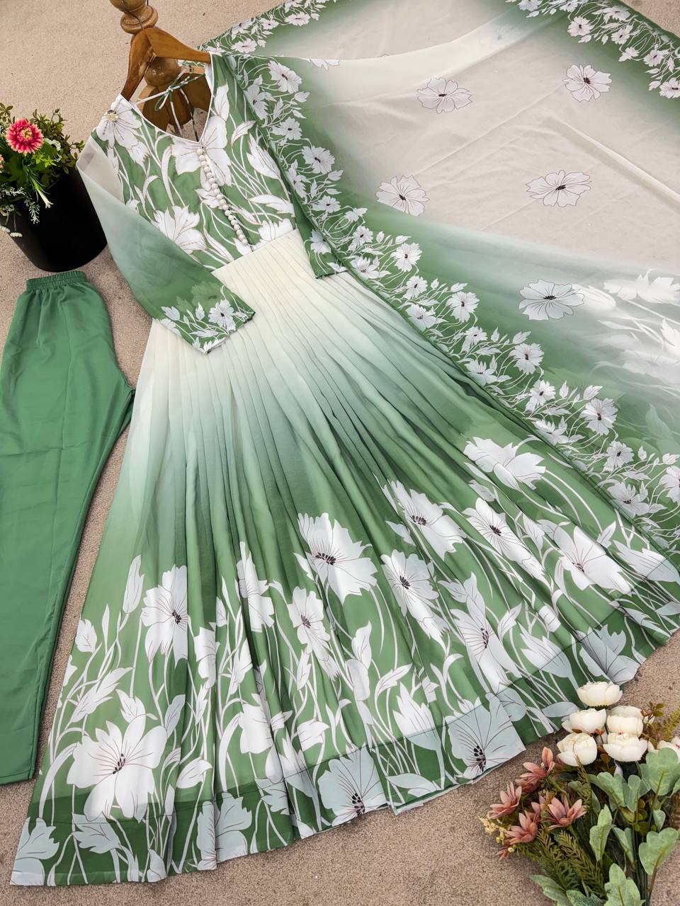 Green Color Digital Printed And Embroidery Work Gown