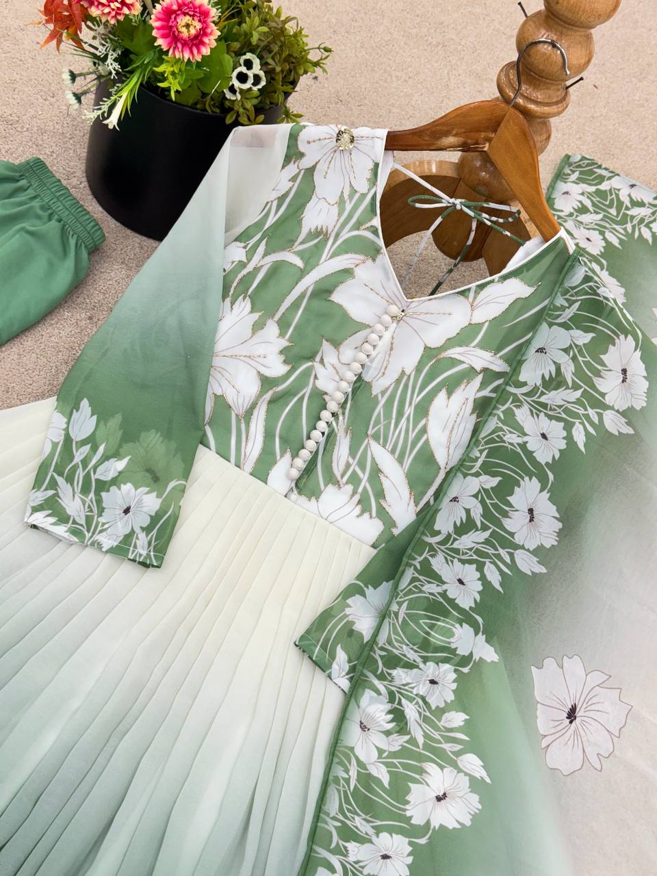 Green Color Digital Printed And Embroidery Work Gown
