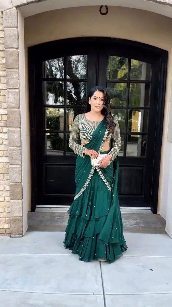 Wedding Wear Teal Green Color Georgette Sequence Embroidery Work Fully Stitch Ready To Wear Saree