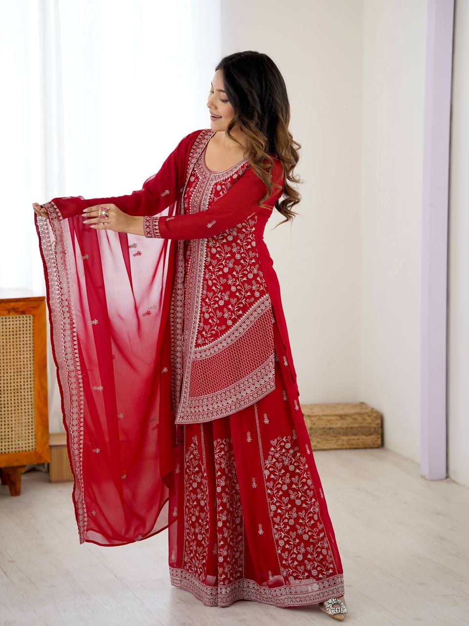 Arti Chauhan's Red Color Embroidered Top With Palazzo With Dupatta Set ...