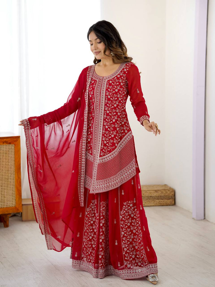 Arti Chauhan's Red Color Embroidered Top With Palazzo With Dupatta Set ...