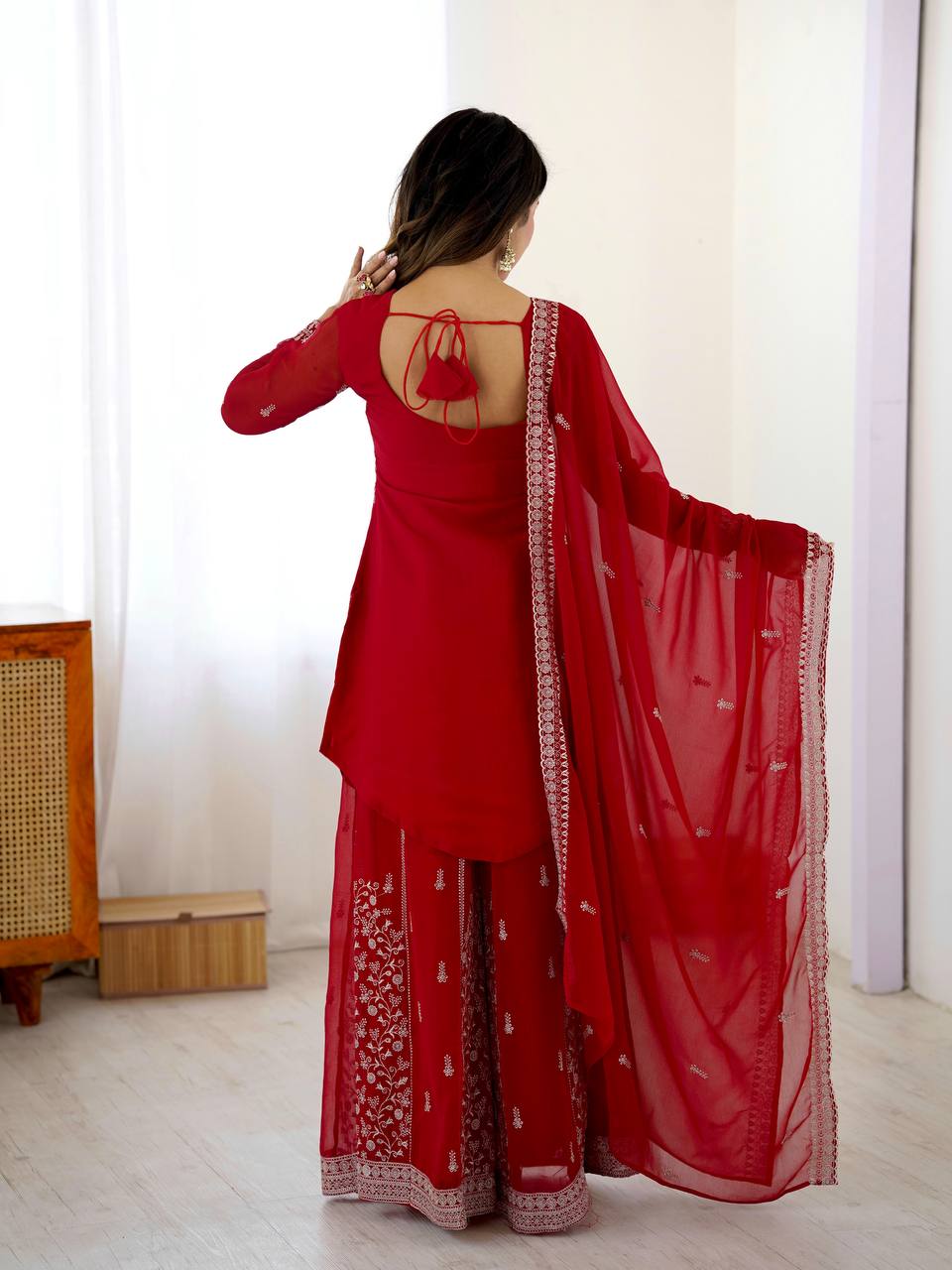 Arti Chauhan's Red Color Embroidered Top With Palazzo With Dupatta Set ...