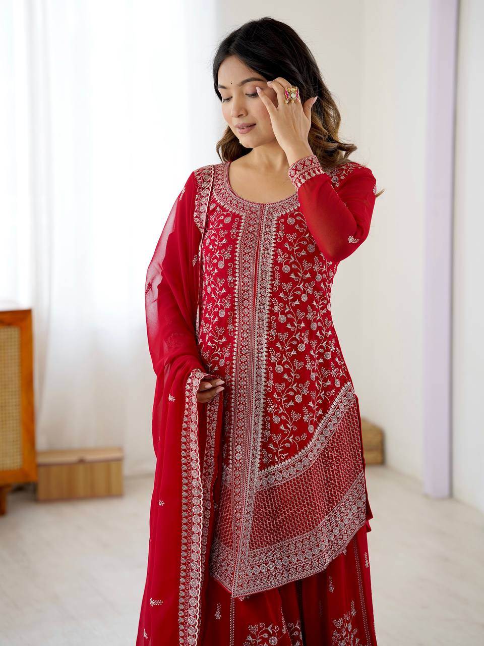 Arti Chauhan's Red Color Embroidered Top With Palazzo With Dupatta Set ...