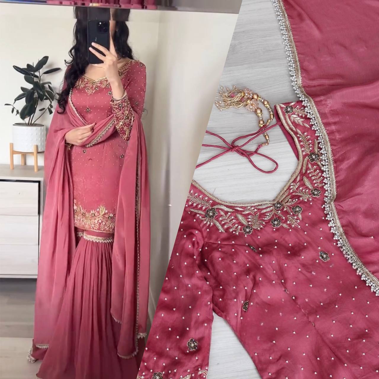 Wedding Wear Pink Color Pure Heavy Chinon Silk With Embroidery Work Beautiful Sharara Suit