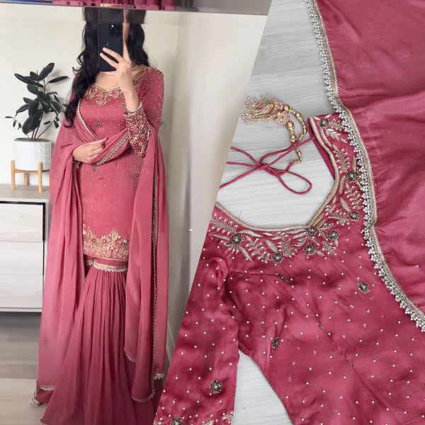 Wedding Wear Pink Color Pure Heavy Chinon Silk With Embroidery Work Beautiful Sharara Suit