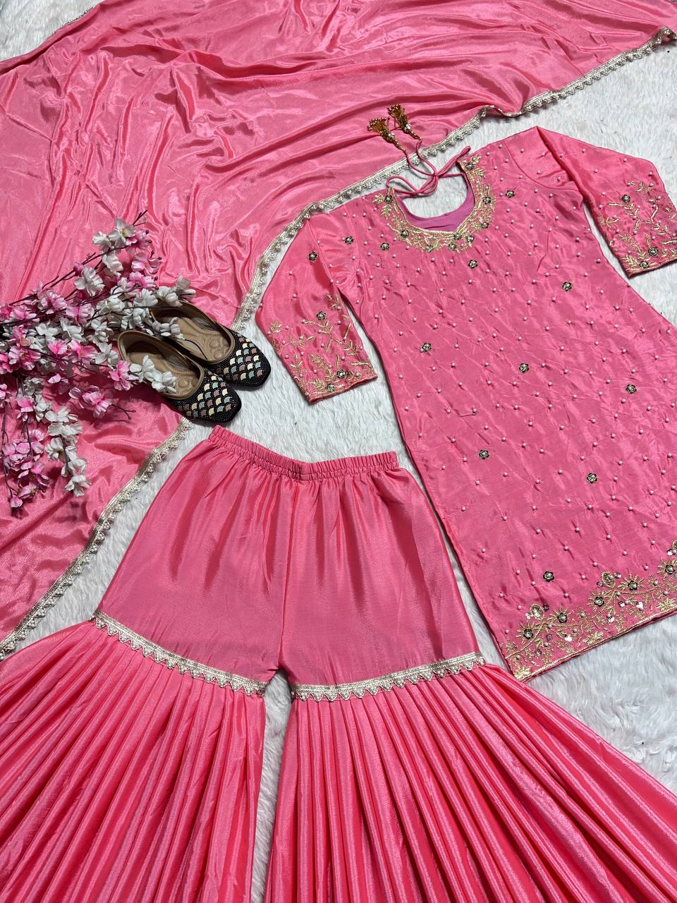 Wedding Wear Pink Color Pure Heavy Chinon Silk With Embroidery Work Beautiful Sharara Suit