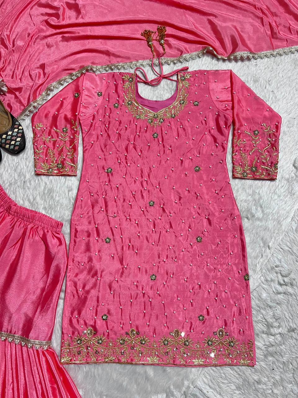 Wedding Wear Pink Color Pure Heavy Chinon Silk With Embroidery Work Beautiful Sharara Suit