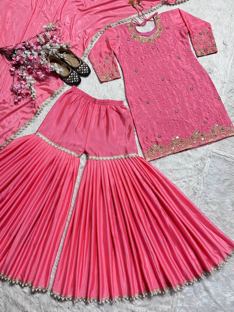 Wedding Wear Pink Color Pure Heavy Chinon Silk With Embroidery Work Beautiful Sharara Suit