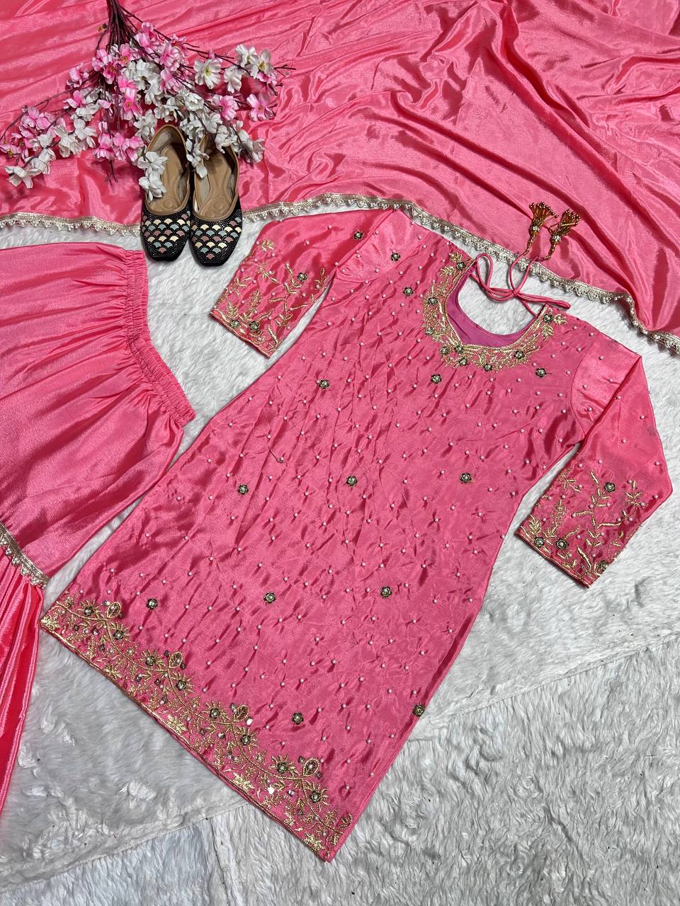 Wedding Wear Pink Color Pure Heavy Chinon Silk With Embroidery Work Beautiful Sharara Suit