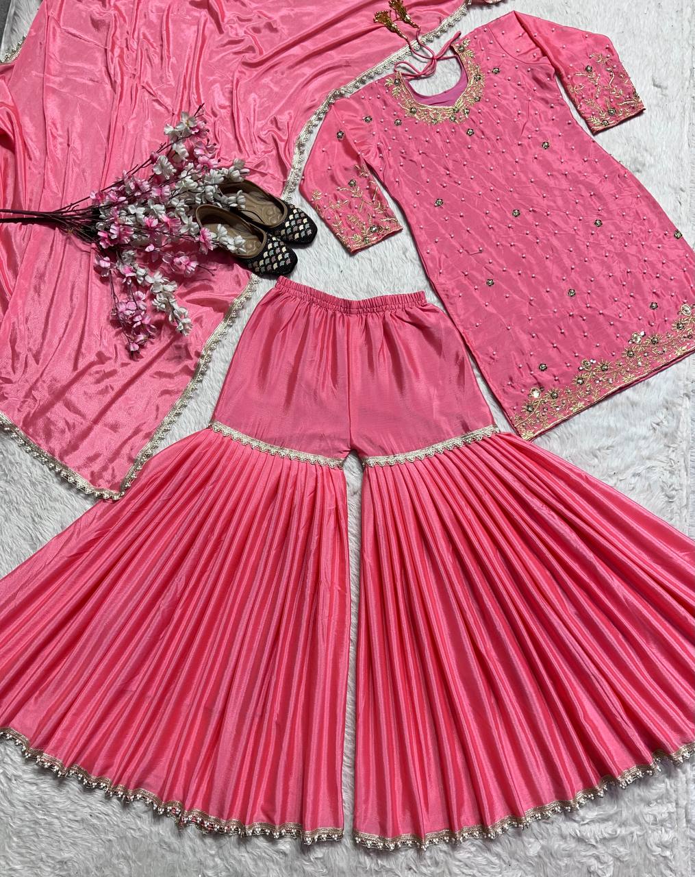 Wedding Wear Pink Color Pure Heavy Chinon Silk With Embroidery Work Beautiful Sharara Suit