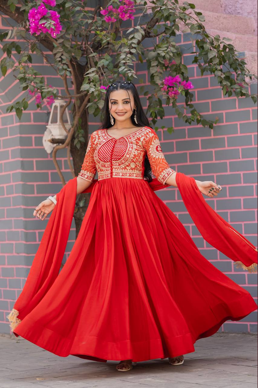 Elegant Red Color Pure Chinon With Pure Bandhrej Work Beautiful Gown