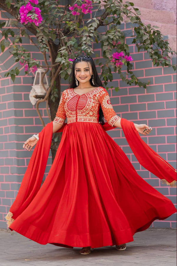 Elegant Red Color Pure Chinon With Pure Bandhrej Work Beautiful Gown