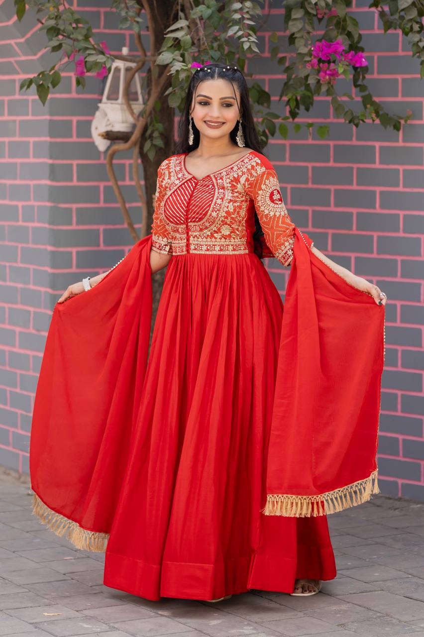 Elegant Red Color Pure Chinon With Pure Bandhrej Work Beautiful Gown
