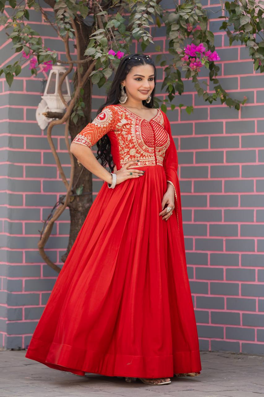 Elegant Red Color Pure Chinon With Pure Bandhrej Work Beautiful Gown