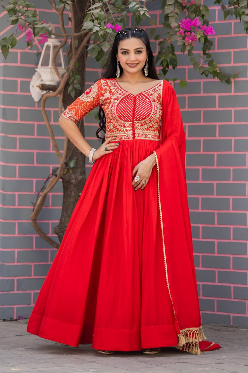 Elegant Red Color Pure Chinon With Pure Bandhrej Work Beautiful Gown