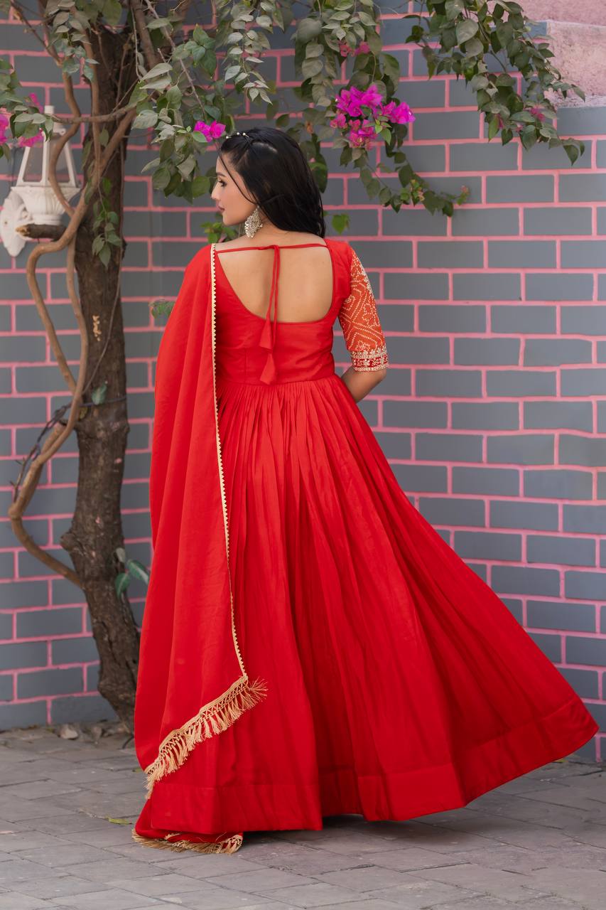 Elegant Red Color Pure Chinon With Pure Bandhrej Work Beautiful Gown