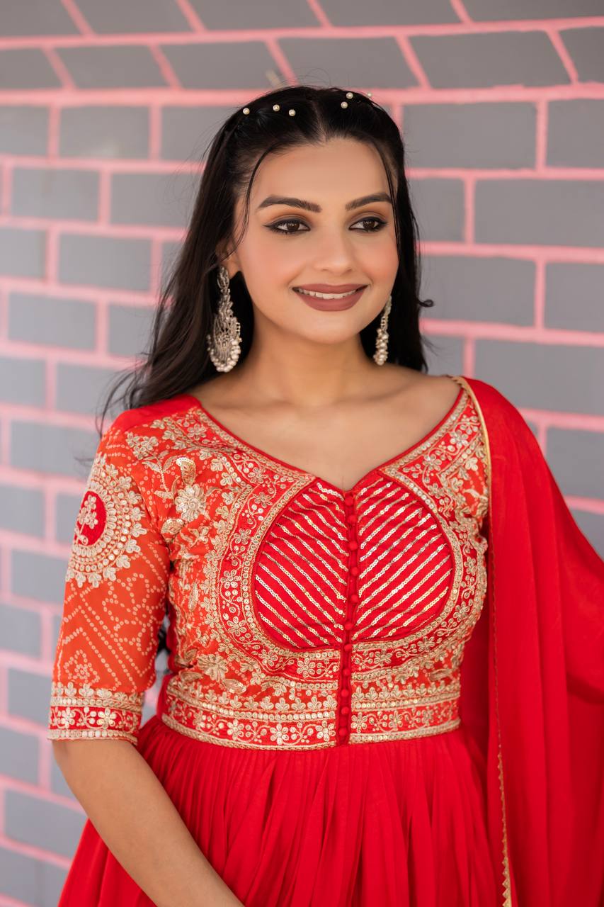 Elegant Red Color Pure Chinon With Pure Bandhrej Work Beautiful Gown