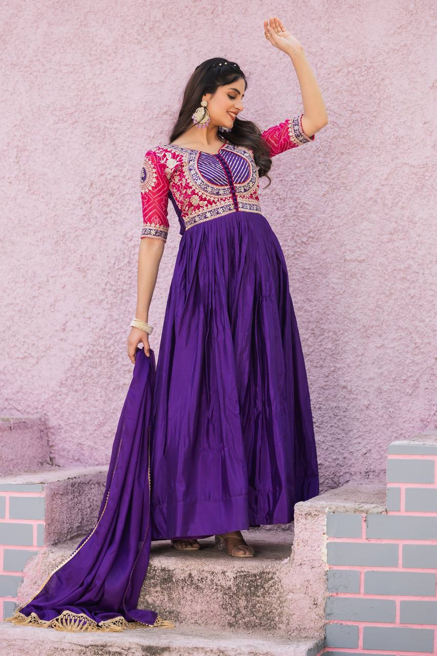 Elegant Royal Blue Color Pure Chinon With Pure Bandhrej Work Beautiful Gown