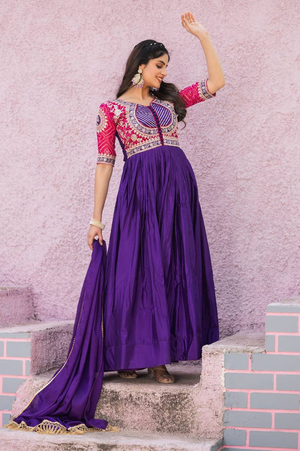Elegant Royal Blue Color Pure Chinon With Pure Bandhrej Work Beautiful Gown