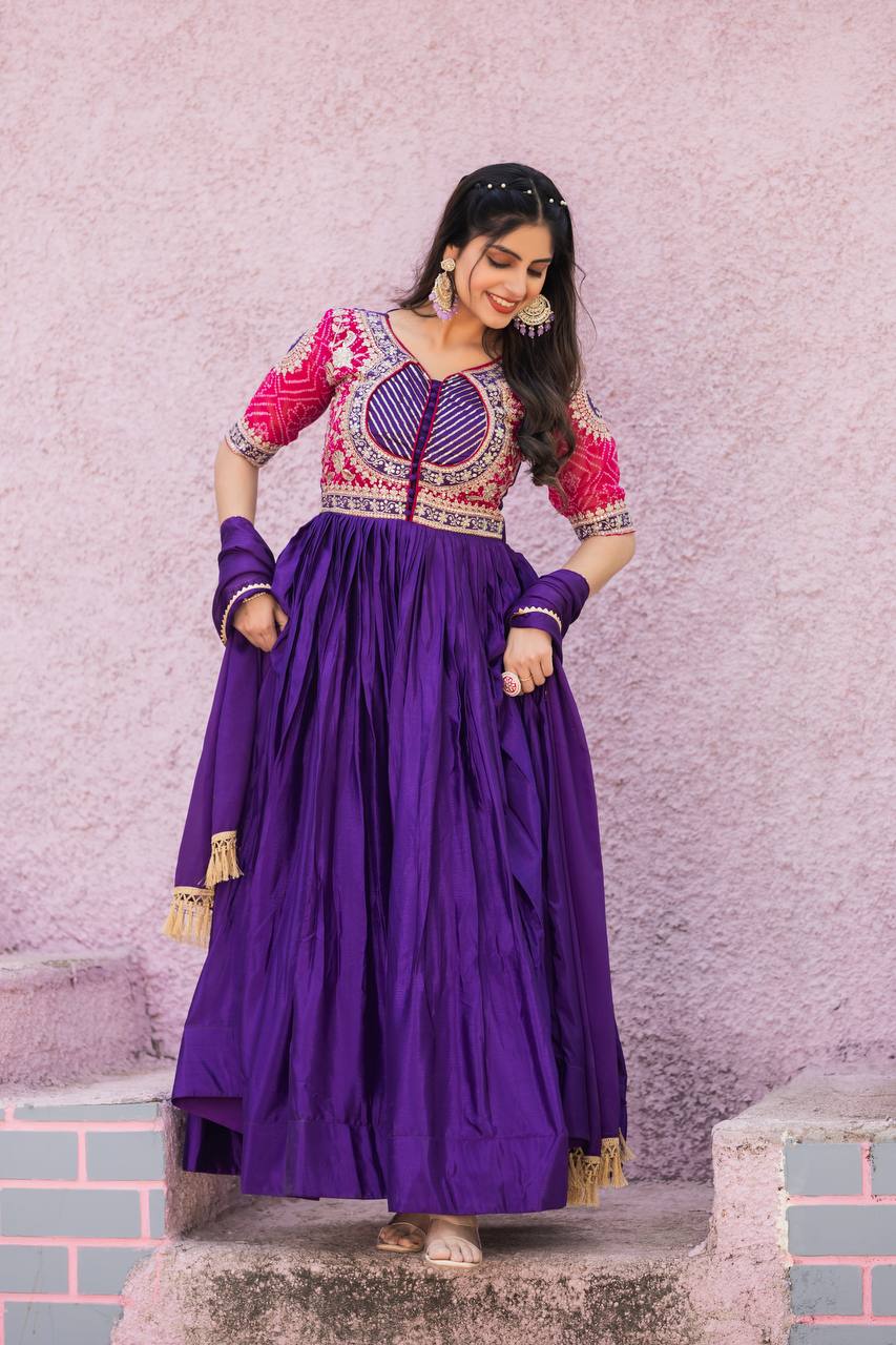 Elegant Royal Blue Color Pure Chinon With Pure Bandhrej Work Beautiful Gown